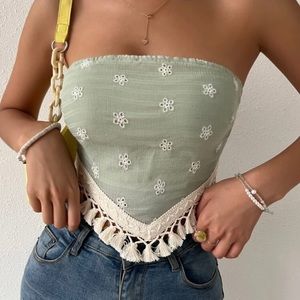 SHEIN Tie Backless Tassel Trim Schiffy Tube Top Mint Green WS